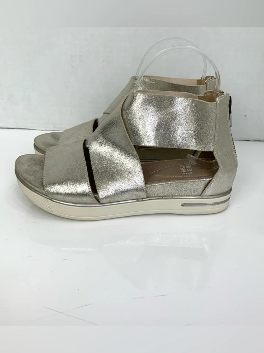 Eileen Fisher Sz 7 Sport Platform Sandals Suede Criss Cross Platinum Silver